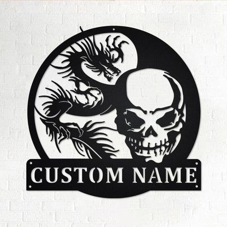 Skull And Dragon Custom Cut Metal Sign | MN1737-Black-Gerbera Prints.