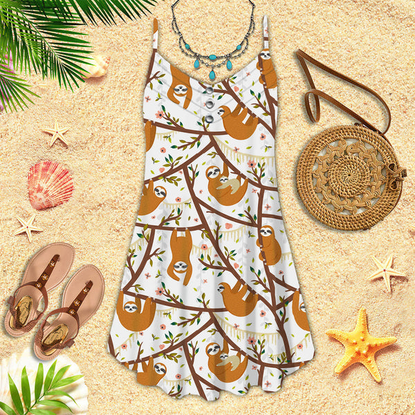 Sloth Mom And Baby Sloth Spaghetti Strap Summer Dress | SD1385