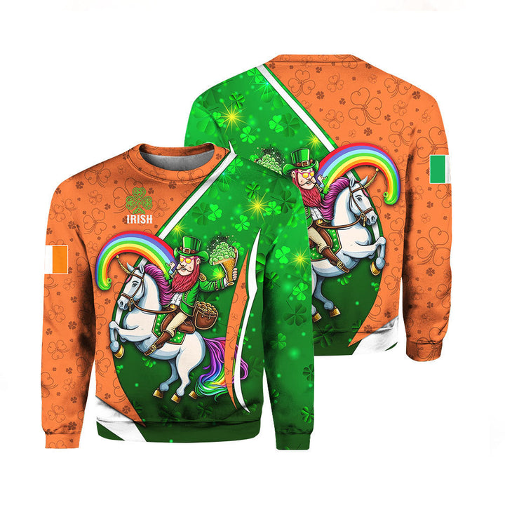St Patrick's Day Leprechaun Ride Unicorn Crewneck Sweatshirt Over Print | For Men & Women | HP5670-Crewneck Sweatshirt-Gerbera Prints.