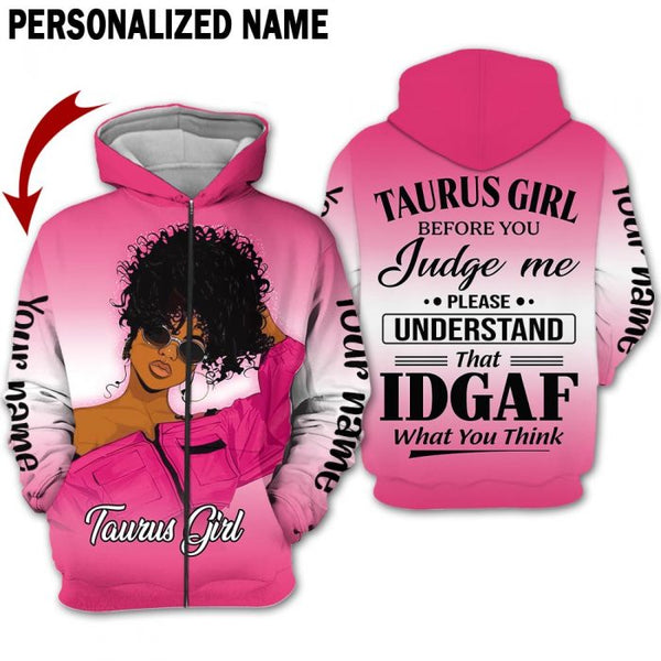 Taurus Girl Custom Name Zip Up Hoodie For Men & Women