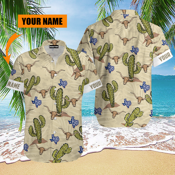 Texas Longhorn Cactus Custom Name Hawaiian Shirt For Men & Women