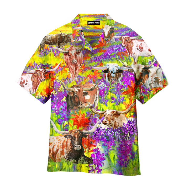 Texas Longhorn In The Bluebonnet Feild Colourful Aloha Hawaiian Shirts For Men And For Women WT1512
