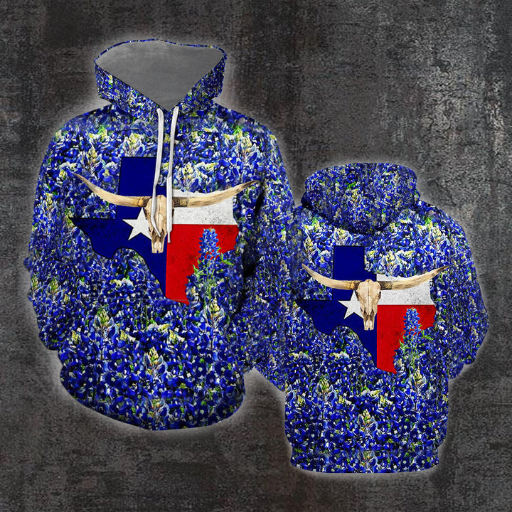 Texas Skull Bluebonnet 3D All Over Print | Unisex | Adult | HP1838-Hoodie-Gerbera Prints.