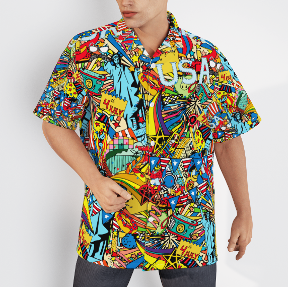 The 4th Of July Independence Doodles Colorful Aloha Hawaiian Shirts For Men And For Women WT6369