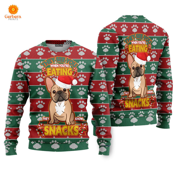 They See You When You’re Eating Christmas French Bulldog Ugly Christmas Sweaters For Men & Women US5422-Gerbera Prints.