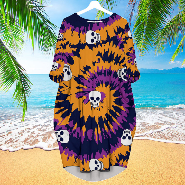 Tie Dye With Skull Pattern Long Sleeve Midi Dress | MD1364