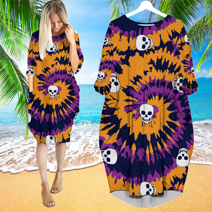 Tie Dye With Skull Pattern Long Sleeve Midi Dress | MD1364