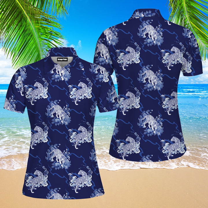 Tiger Walking In Flower Pattern Polo Shirt For Women