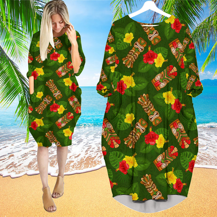 Tiki Mask Hibiscus Flowers Tropical Summer On Paradise Beach Long Sleeve Midi Dress | MD1238