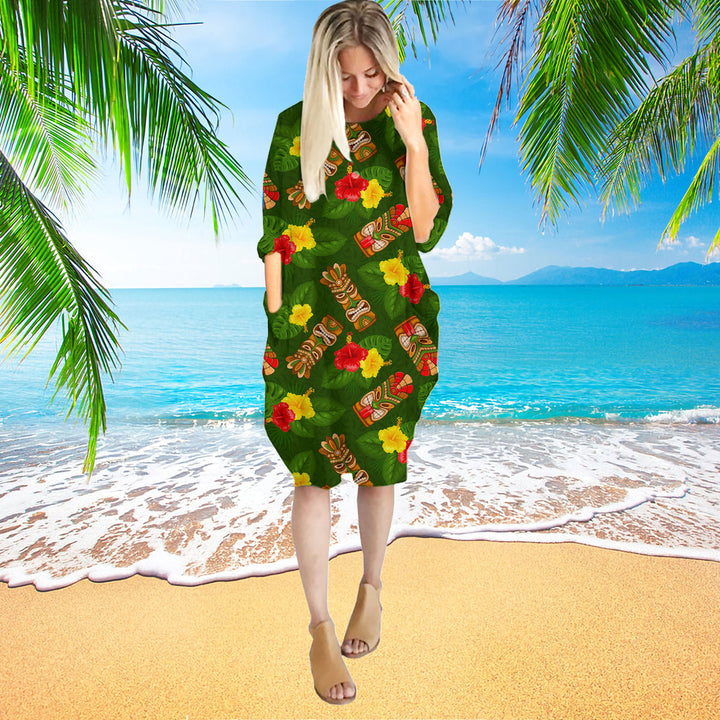 Tiki Mask Hibiscus Flowers Tropical Summer On Paradise Beach Long Sleeve Midi Dress | MD1238