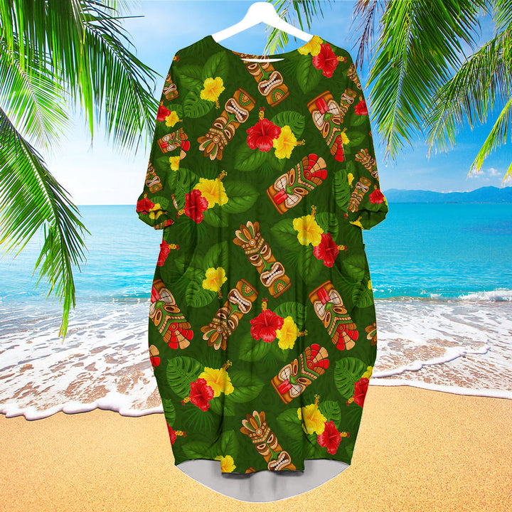 Tiki Mask Hibiscus Flowers Tropical Summer On Paradise Beach Long Sleeve Midi Dress | MD1238