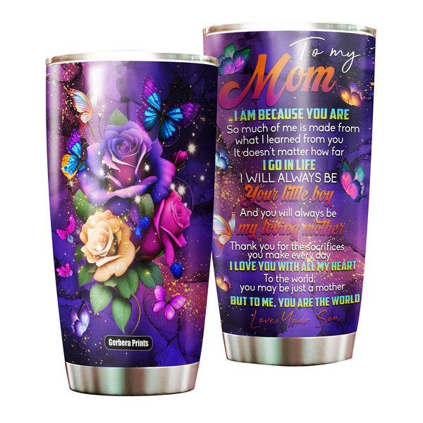 To My Mom From Son Rose Flowers Butterfly Mother's Day Stainless Steel Tumbler Cup Travel Mug TC7100-20oz-Gerbera Prints.