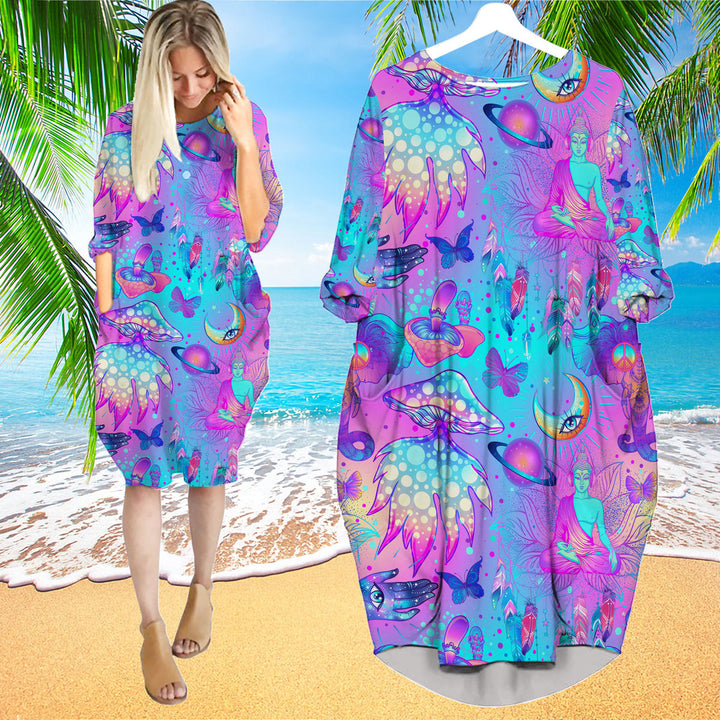 Trippy Hippie Mushrooms Neon Peace Long Sleeve Midi Dress | MD1663