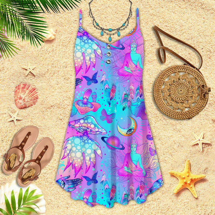 Trippy Hippie Mushrooms Neon Peace Spaghetti Strap Summer Dress | SD1663