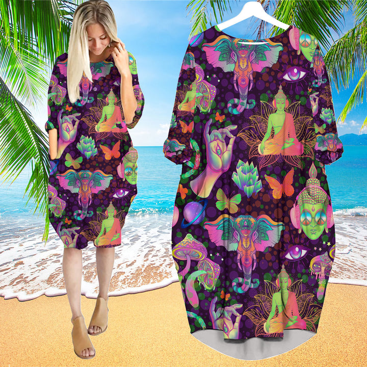 Trippy Mushrooms Peace Sign Acid Buddha And Butterflie Long Sleeve Midi Dress | MD1116