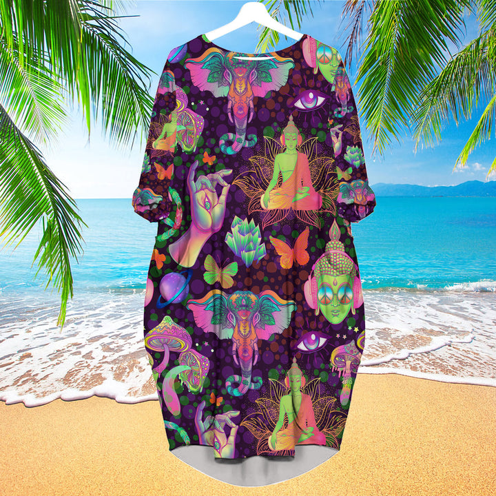 Trippy Mushrooms Peace Sign Acid Buddha And Butterflie Long Sleeve Midi Dress | MD1116