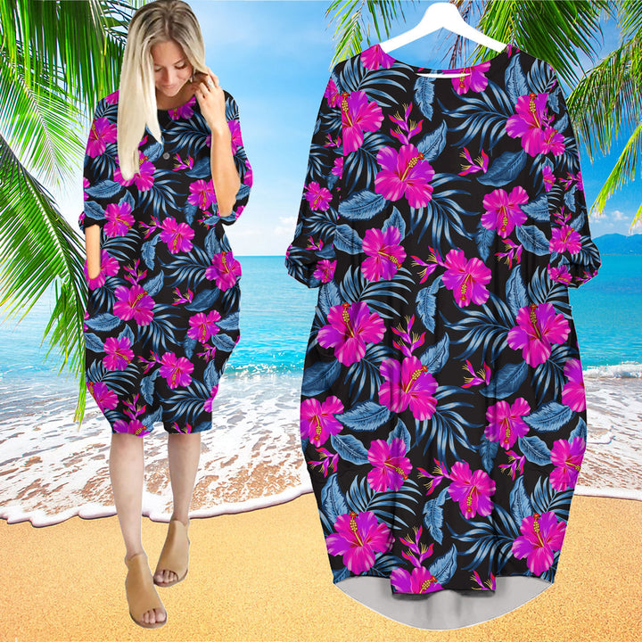 Tropical Flowers Hibiscus Long Sleeve Midi Dress | MD1571