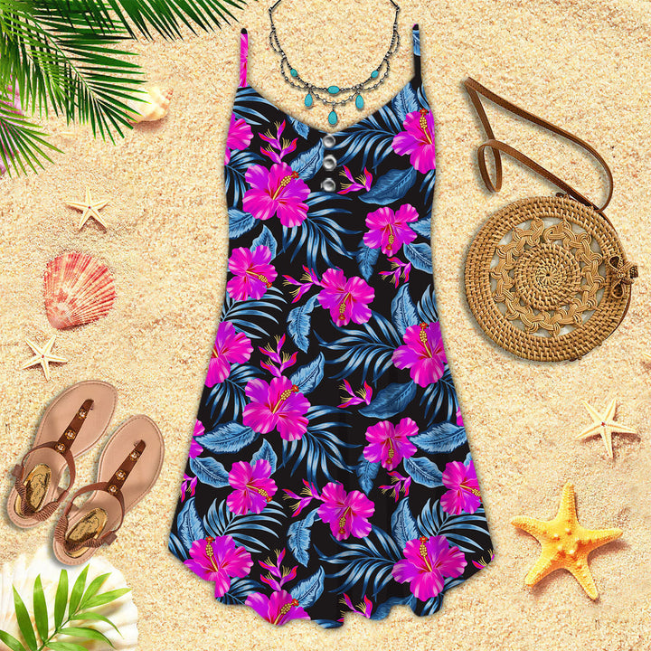 Tropical Flowers Hibiscus Spaghetti Strap Summer Dress | SD1571