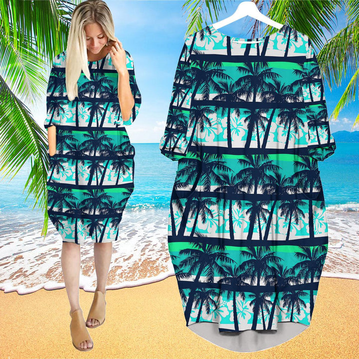 Tropical Frangipani Palms Long Sleeve Midi Dress | MD1170