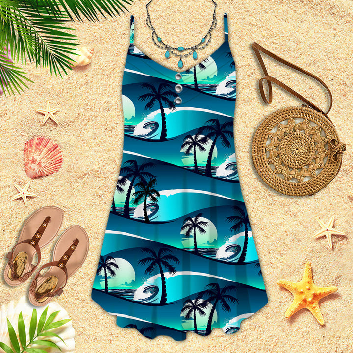 Tropical Hibiscus Palm Trees At Sunset Spaghetti Strap Summer Dress | SD1168