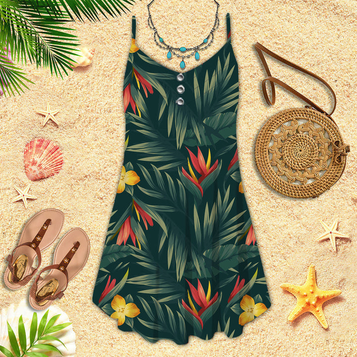 Tropical Leaves And Flowers Spaghetti Strap Summer Dress | SD1548