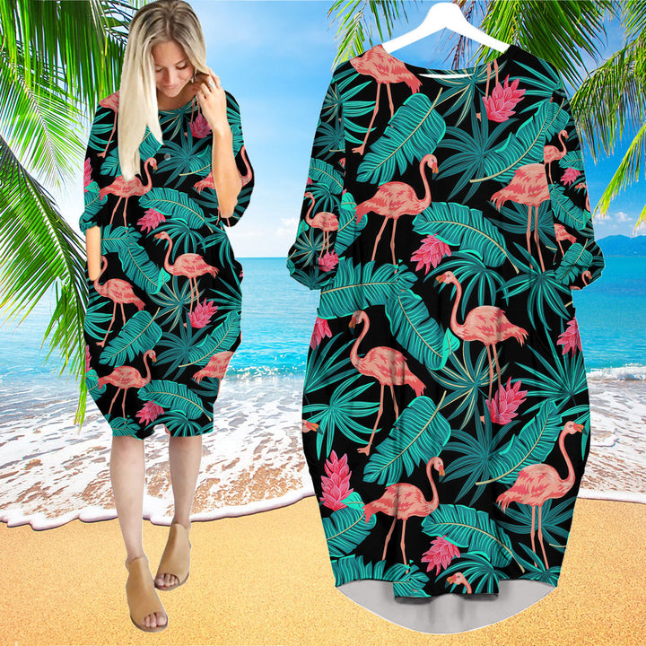 Tropical Leaves Flamingo Long Sleeve Midi Dress | MD1584