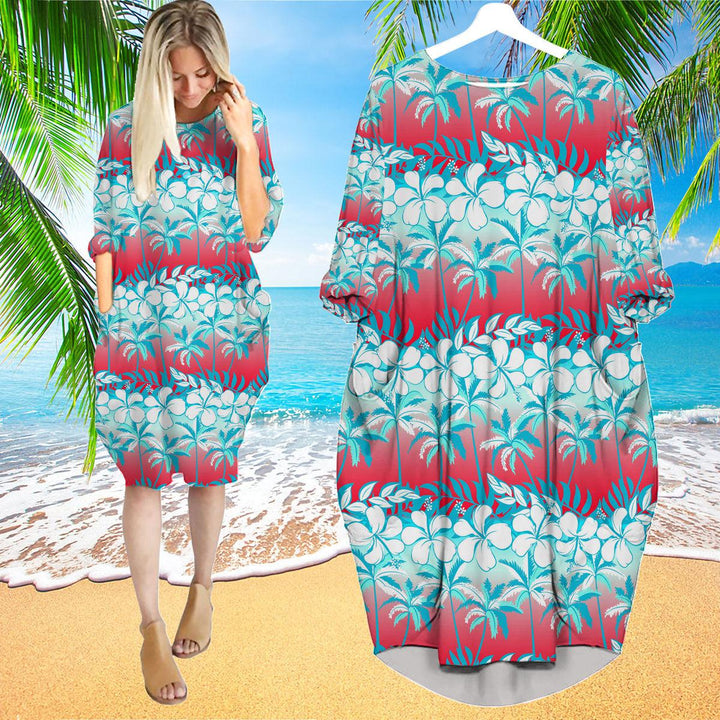 Tropical Palm Tree With Hibiscus Flowers Long Sleeve Midi Dress | MD1177