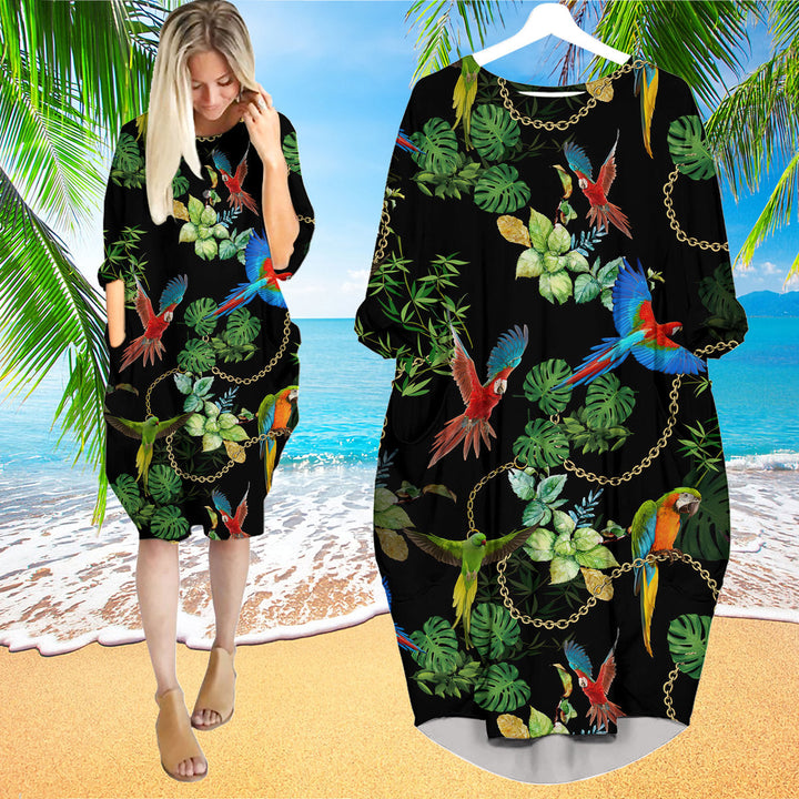 Tropical Parot With Gold Chains Leaves Long Sleeve Midi Dress | MD1402