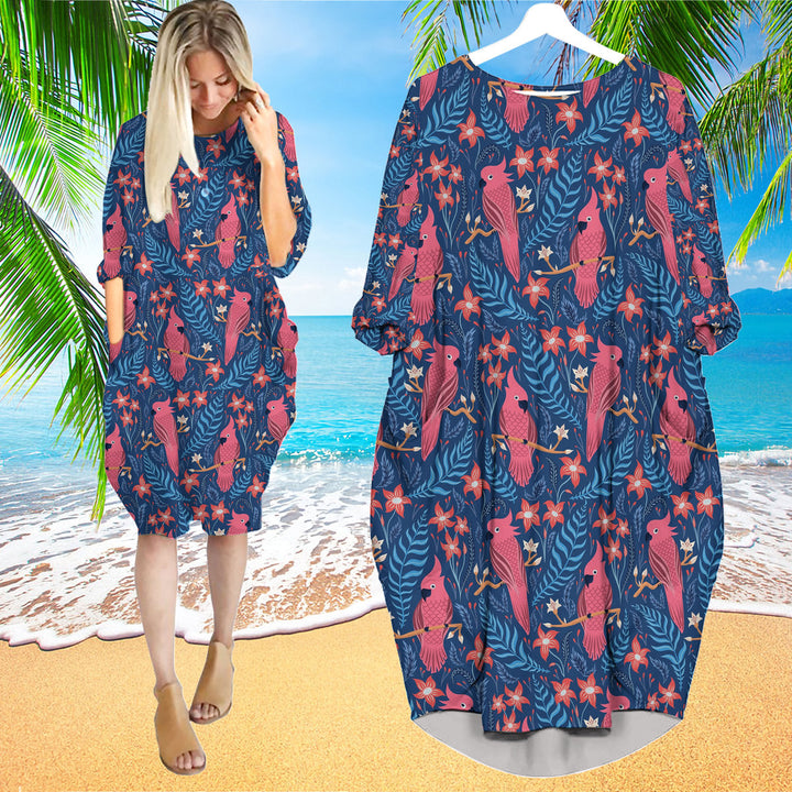 Tropical Parrots Pattern Long Sleeve Midi Dress | MD1533