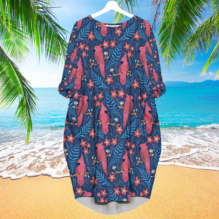 Tropical Parrots Pattern Long Sleeve Midi Dress | MD1533