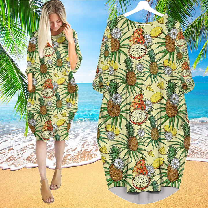 Tropical Pineapple Red Dragon Long Sleeve Midi Dress | MD1188