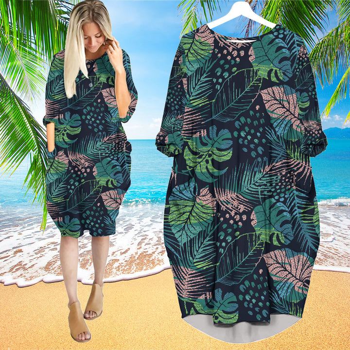 Tropical Plants Seamless Long Sleeve Midi Dress | MD1503