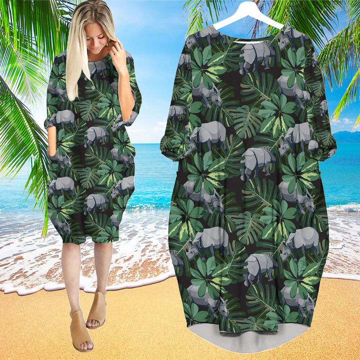 Tropical Rhino Wild Animals Plant Floral Long Sleeve Midi Dress | MD1551