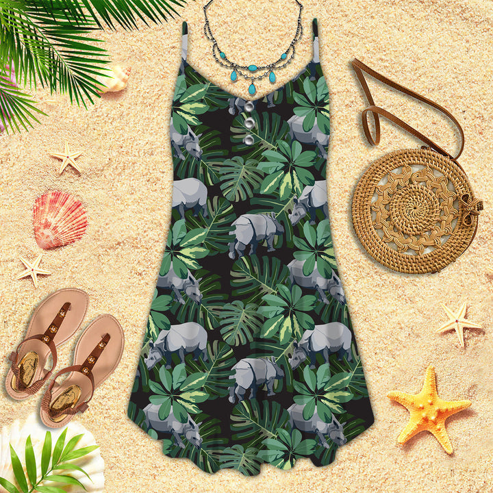 Tropical Rhino Wild Animals Plant Floral Spaghetti Strap Summer Dress | SD1551