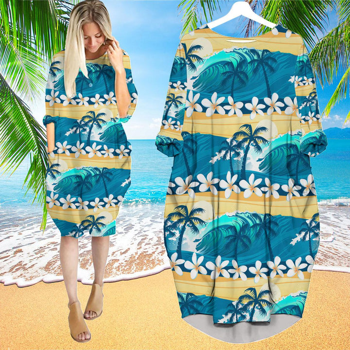 Tropical Surfing With Palm Trees Long Sleeve Midi Dress | MD1176