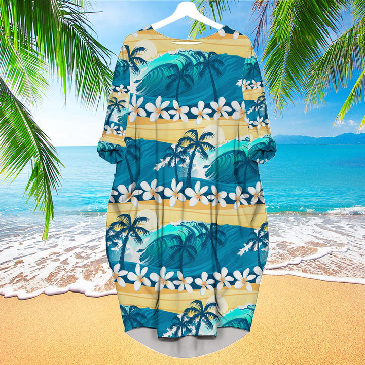 Tropical Surfing With Palm Trees Long Sleeve Midi Dress | MD1176