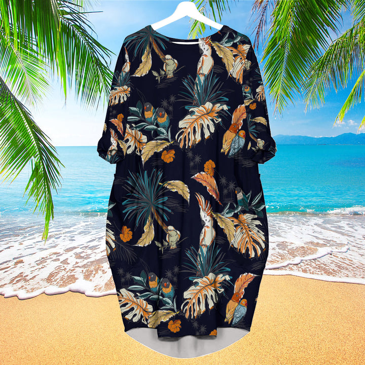 Tropical With Exotic Parrot Birds Long Sleeve Midi Dress | MD1514