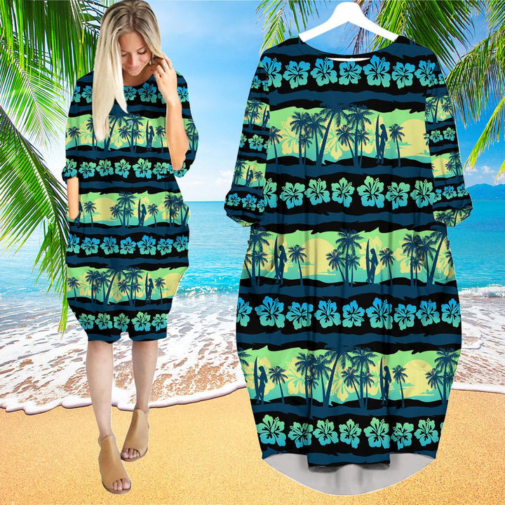 Tropical With Green Sunrise Long Sleeve Midi Dress | MD1178