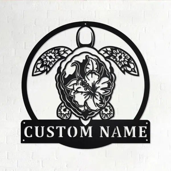 Turtle With Tropical Custom Cut Metal Sign | MN1567-Black-Gerbera Prints.