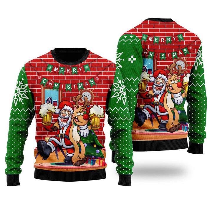 Funny Santa Drink Beer With Reindeer Ugly Christmas Sweater