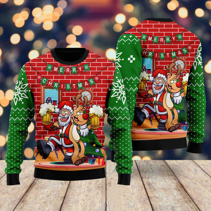 Funny Santa Drink Beer With Reindeer Ugly Christmas Sweater