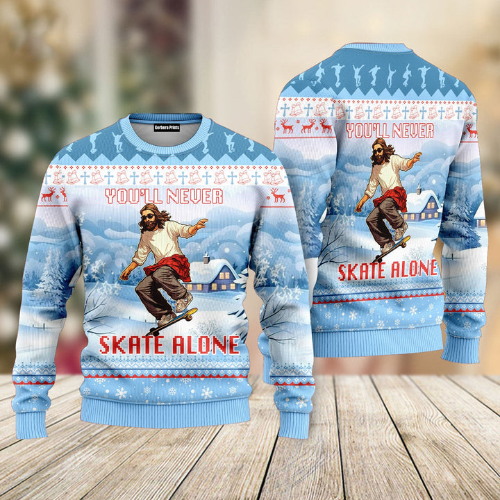 You'll Never Skate Alone Funny Christian Skateboarding Christmas Sweaters