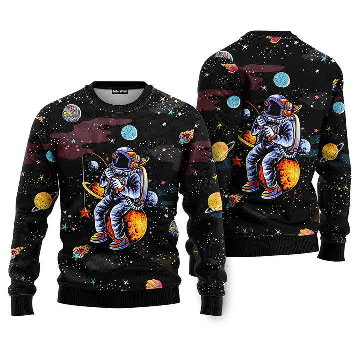 Funny Astronaut Fishing In Space Ugly Christmas Sweater