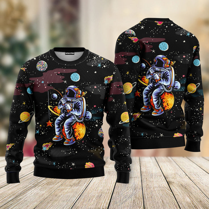 Funny Astronaut Fishing In Space Ugly Christmas Sweater