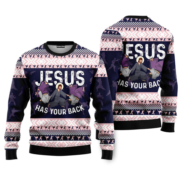 Funny Christian Has Your Back Jiu Jitsu Ugly Christmas Sweater