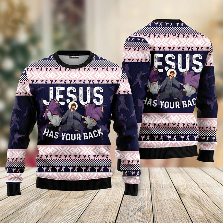 Funny Christian Has Your Back Jiu Jitsu Ugly Christmas Sweater