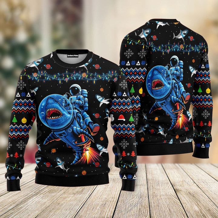 Funny Astronauts Ride A Shark In Space With The Planet Ugly Christmas Sweater