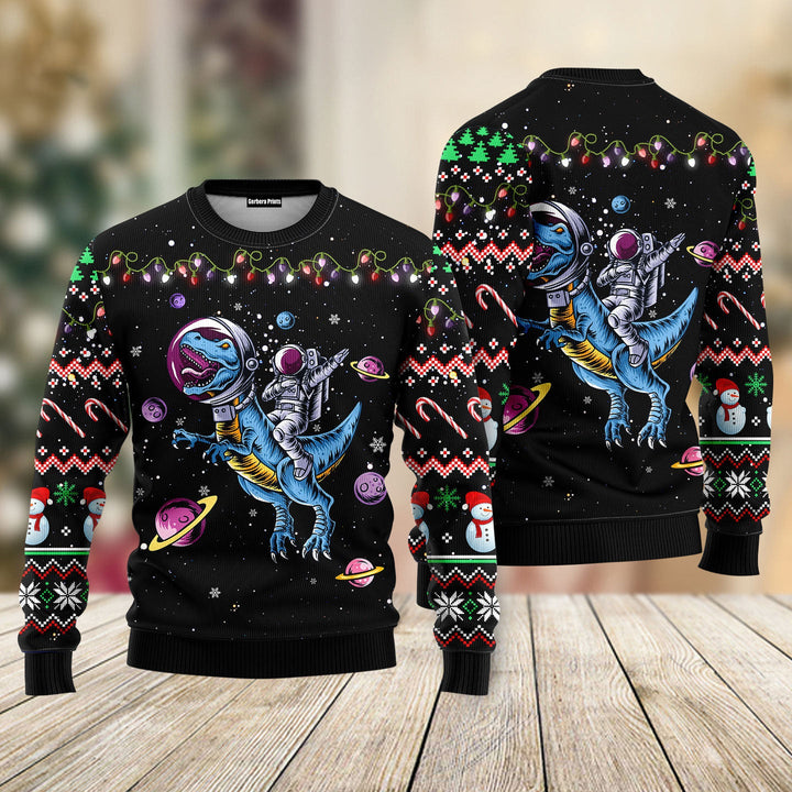 Funny Astronauts Ride A T-rex In Space With The Planet Ugly Christmas Sweater