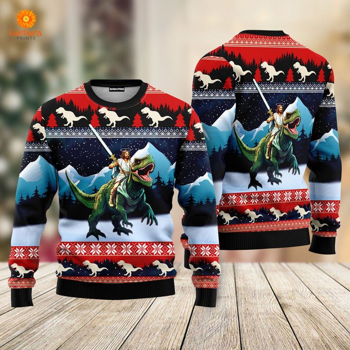 Jesus Is Riding A Dinosaur Blue Red Ugly Christmas Sweaters For Men & Women UH1733