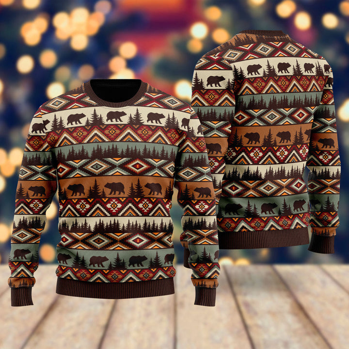 Brown Tribal Bear And Fir Tree Pattern Ugly Christmas Sweater